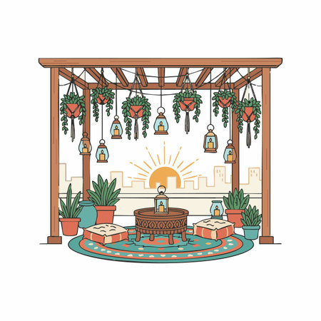 bohemian rooftop pergola garden oasis.のイラスト素材