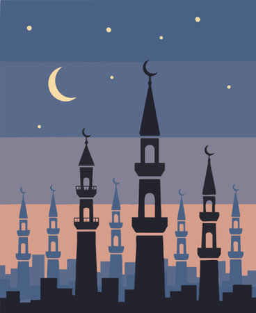 peaceful islamic city minaret silhouettes.のイラスト素材