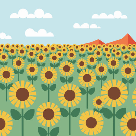 stylized sunflower field vector landscape.のイラスト素材