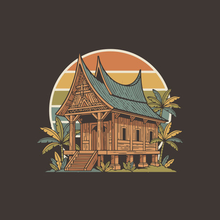 javanese joglo house vintage sunset badge design.のイラスト素材