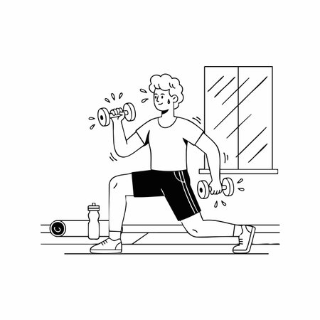 man doing dumbbell lunges exercise illustration.のイラスト素材