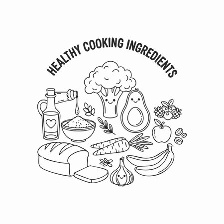 kawaii healthy cooking ingredients doodle illustration.のイラスト素材