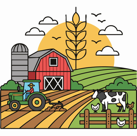 idyllic farming landscape with tractor and barn.のイラスト素材