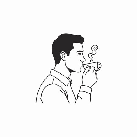 man sipping steaming coffee line drawing.のイラスト素材