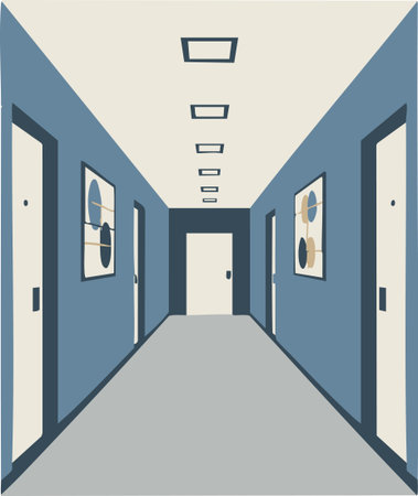 minimalist blue hallway perspective illustration.のイラスト素材