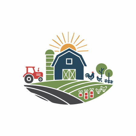 rural farming scene logo with barn tractor.のイラスト素材