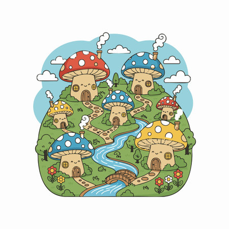fairy tale mushroom village on a hill.のイラスト素材