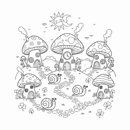 magical mushroom snail village coloring page.のイラスト素材