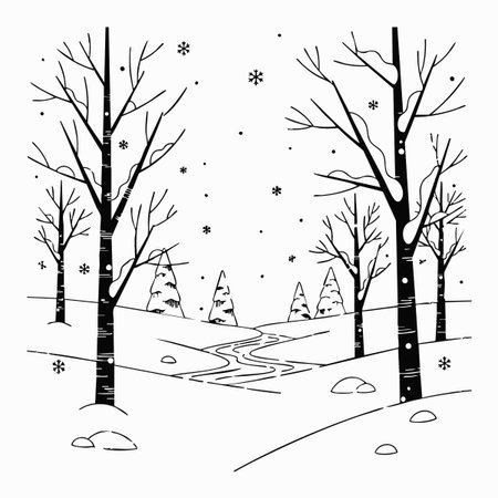 serene winter woods line art illustration.のイラスト素材