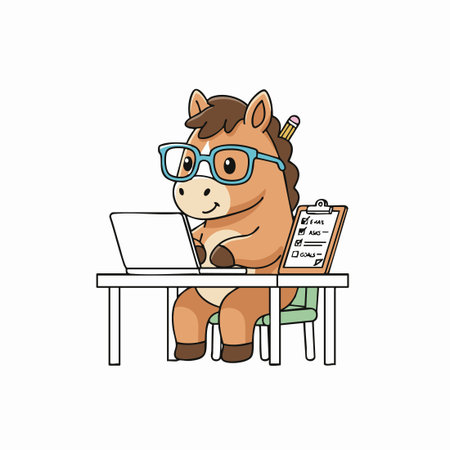 productive cartoon horse working at office desk.のイラスト素材
