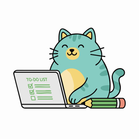 productive cat cartoon with laptop checklist.のイラスト素材