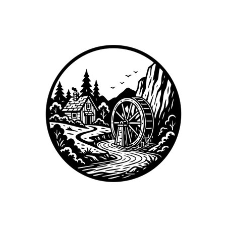 Black and White Riverside Waterwheel Landscapeのイラスト素材