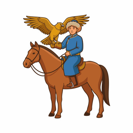 mongolian rider with golden eagle cartoon