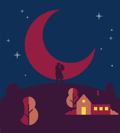 romantic couple silhouette under red moonのイラスト素材