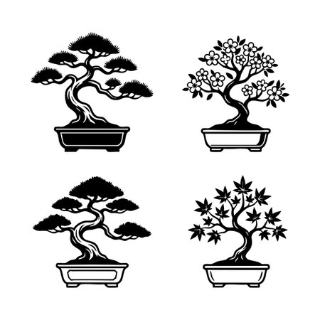 bonsai tree black silhouette icon setのイラスト素材
