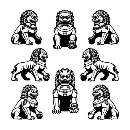 chinese guardian lion foo dog vector setのイラスト素材