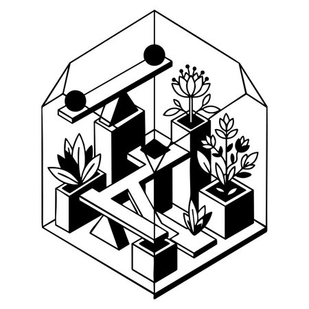 impossible geometric architecture with plantsのイラスト素材