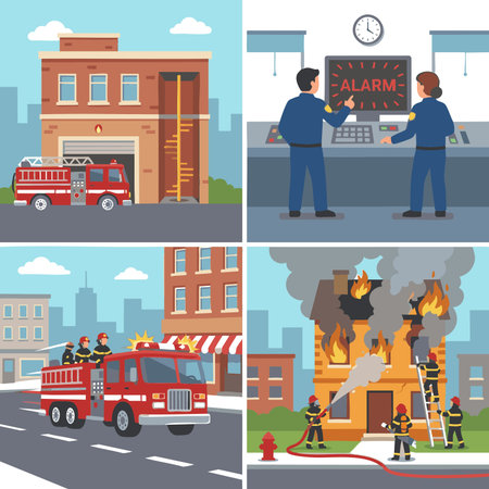 firefighter emergency response process illustrationのイラスト素材