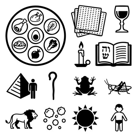 jewish passover holiday symbols icon setのイラスト素材
