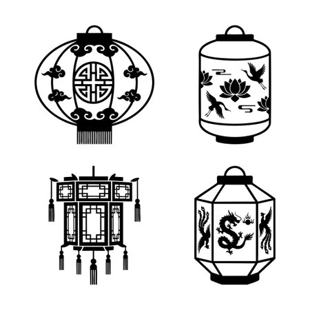 traditional chinese lanterns silhouette setのイラスト素材
