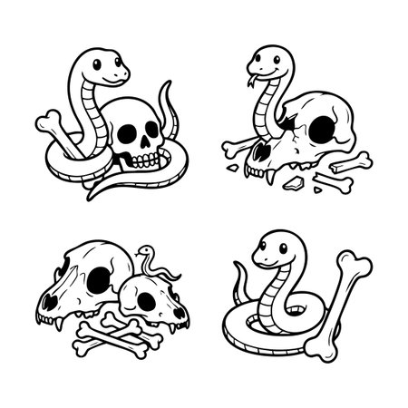 cartoon snake skull and bones outline illustrationsのイラスト素材