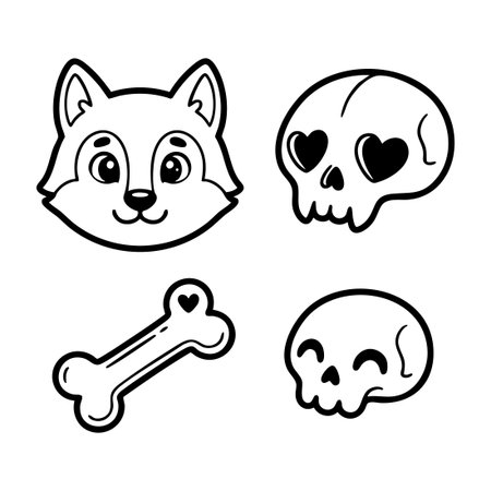 cute wolf skulls and bone illustrationsのイラスト素材