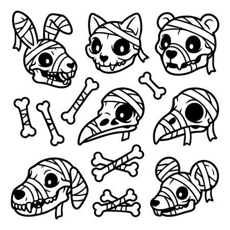 mummified animal skulls halloween cartoon setのイラスト素材
