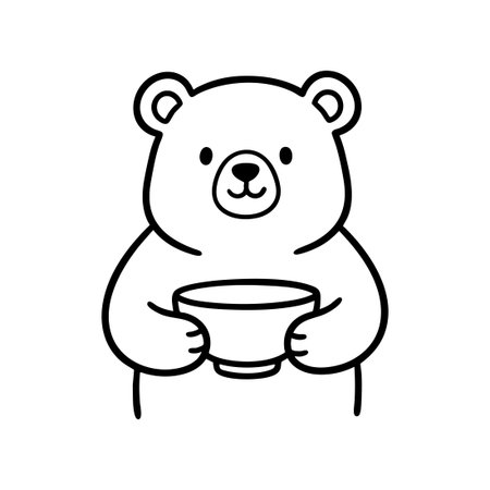 Cute cartoon bear holding a bowl line art illustrationのイラスト素材