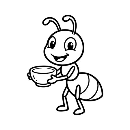 Cute Cartoon Ant Holding a Cup Outline Illustrationのイラスト素材