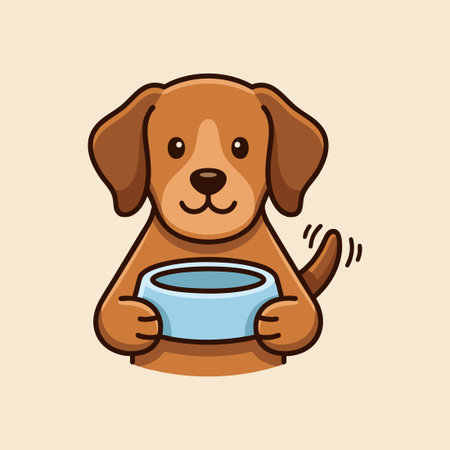 Cute cartoon dog holding an empty food bowのイラスト素材