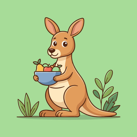 Cute cartoon kangaroo holding a bowl of fresh fruitのイラスト素材