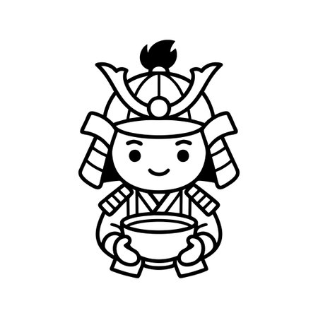 Cute Cartoon Samurai Holding a Bowlのイラスト素材