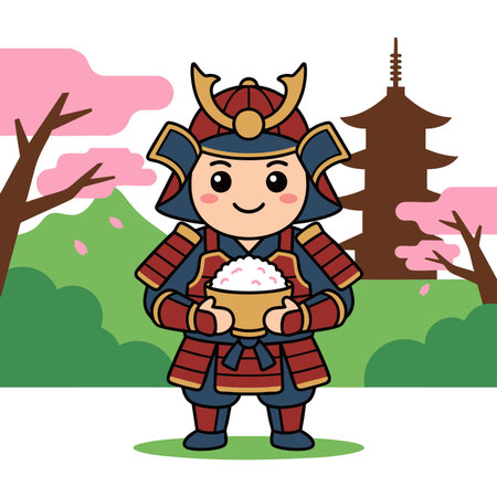 Cute cartoon samurai holding a bowl of rice in Japanのイラスト素材