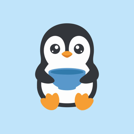 Cute cartoon penguin holding a bowlのイラスト素材