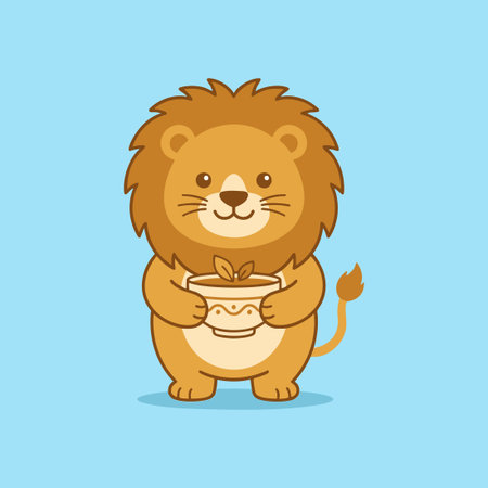 Cute cartoon lion holding a cup of teaのイラスト素材