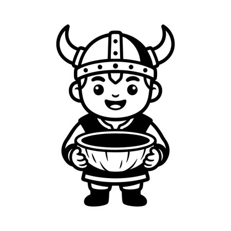 Cute Cartoon Viking Child Holding a Bowlのイラスト素材
