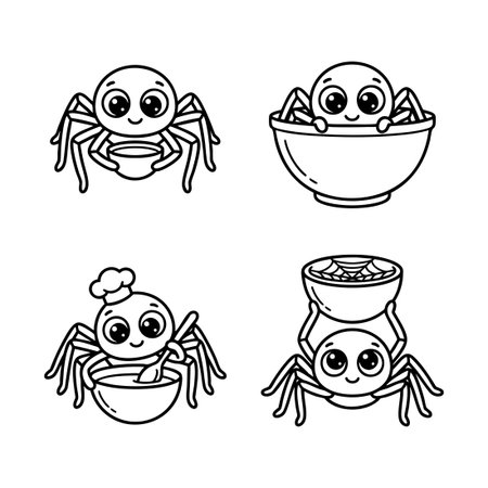 Cute cartoon spiders with bowls line art setのイラスト素材