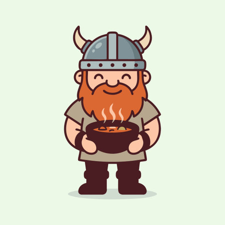 Cute cartoon Viking holding a bowl of hot soupのイラスト素材