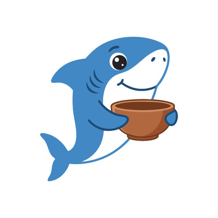 Cute Cartoon Shark Holding a Bowlのイラスト素材