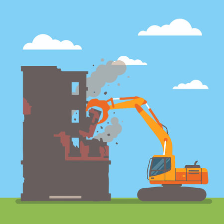 Excavator Demolishing Old Buildingのイラスト素材
