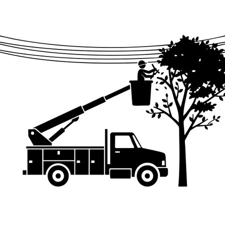 Black and white Bucket Truck Trimming Trees Near Power Linesのイラスト素材