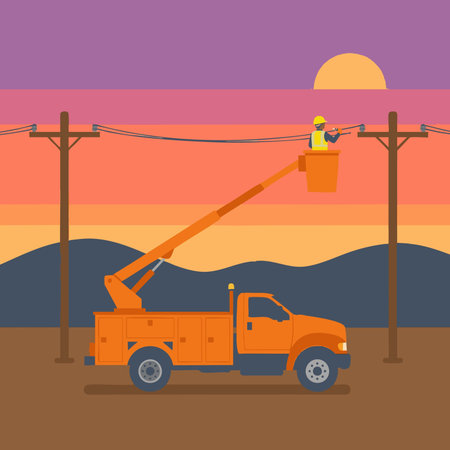 Bucket Truck Repairing Power Line at Sunsetのイラスト素材