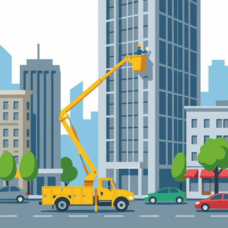 Bucket Truck Near Skyscraper in Downtown Areaのイラスト素材