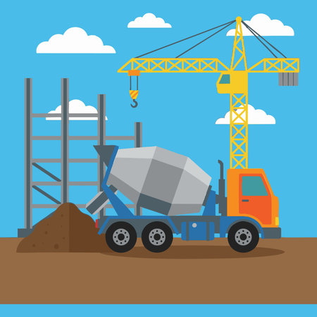 Cement Mixer Truck at Construction Siteのイラスト素材