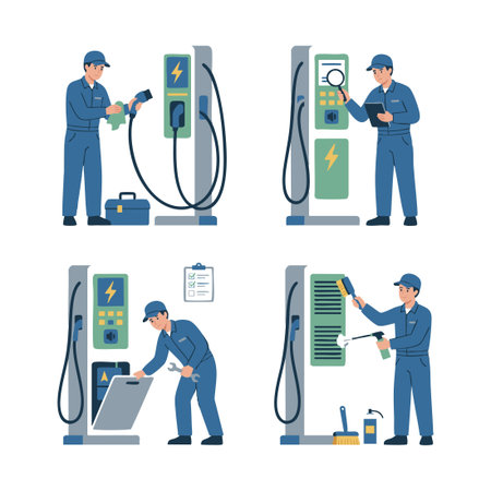 Technician Servicing Electric Vehicle Charging Station Setのイラスト素材