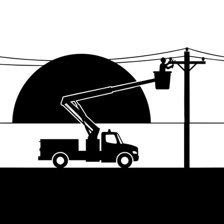 Black and white Bucket Truck Repairing Power Line at Sunsetのイラスト素材