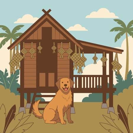 Cute Dog with a background of a wooden stilt house and ketupat decorationsのイラスト素材