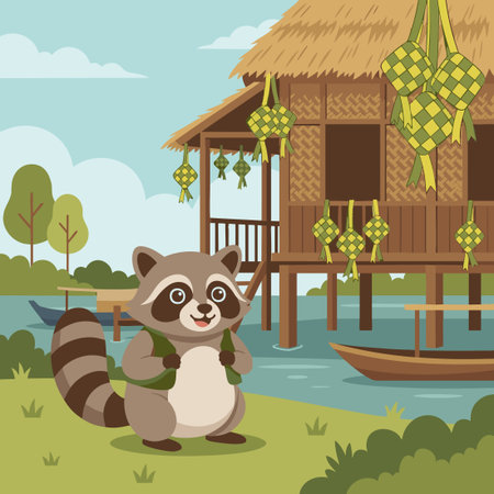 Cute Raccoon with a background of a wooden stilt house and ketupat decorationsのイラスト素材