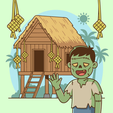 Cute Zombie with a background of a wooden stilt house and ketupat decorationsのイラスト素材