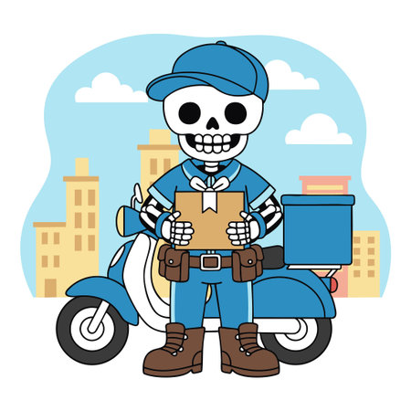 Cute Skeleton Delivery Driver Holding Packageのイラスト素材